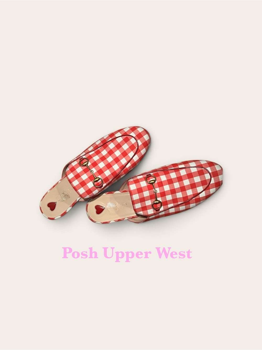 Gucci Red and White Gingham Horsebit Mules